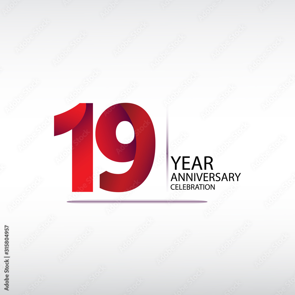 19 years anniversary celebration logotype. anniversary logo with red, vector design for celebration, invitation card, and greeting card - obrazy, fototapety, plakaty 