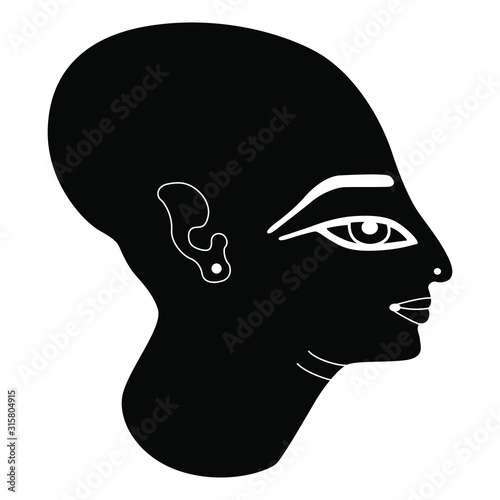 Isolated vector illustration. Head of ancient Egyptian bald priest. Human male profile. Black and white silhouette.