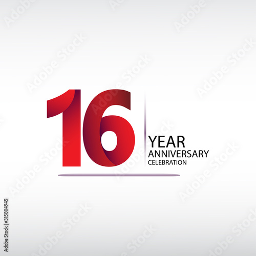 16 years anniversary celebration logotype. anniversary logo with red, vector design for celebration, invitation card, and greeting card