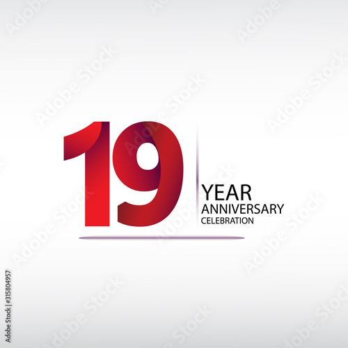 19 years anniversary celebration logotype. anniversary logo with red, vector design for celebration, invitation card, and greeting card