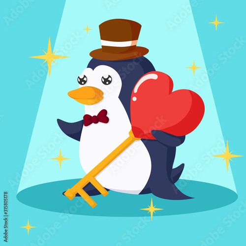 Happy Valentine's Day with penguin and heart key, Valentines Day background with penguin tuxedo, Valentine card and poster