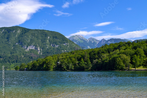 Mountain landscape, lake and mountain range – Lake Bohinj, Slovenia, Alps.