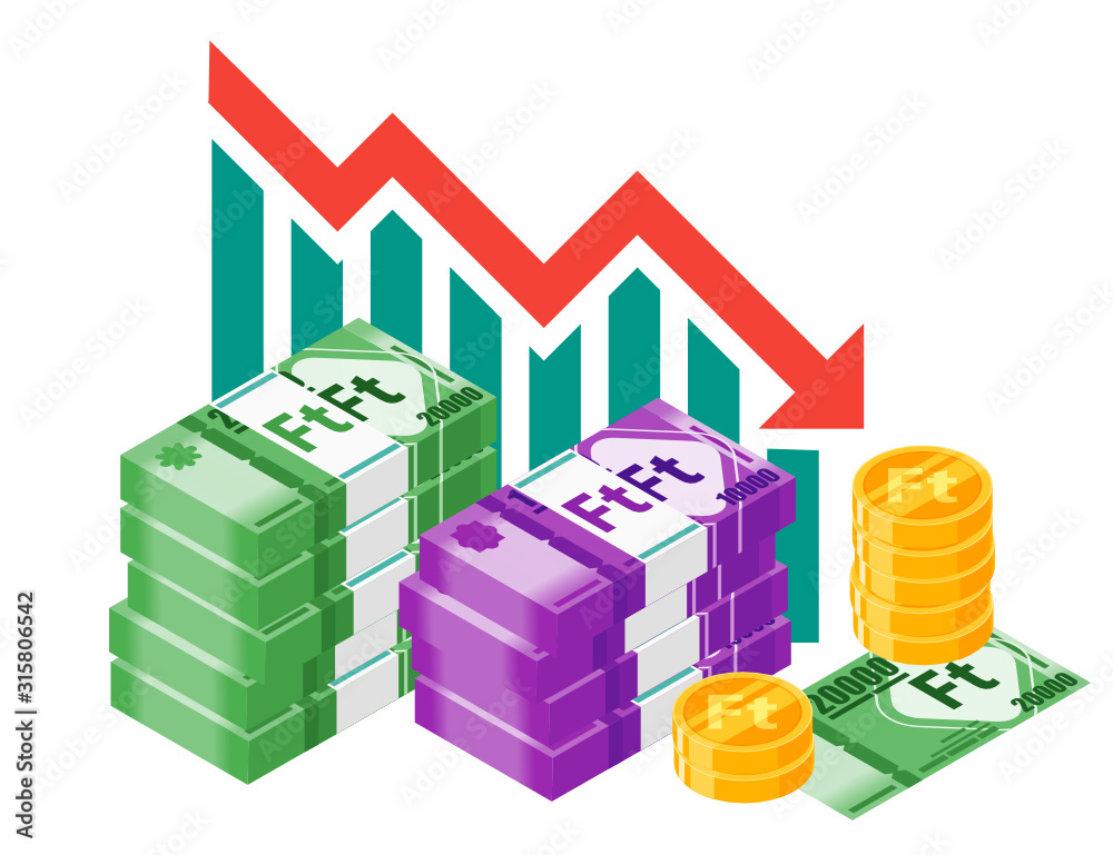 Hungarian Forint Exchange Rate Stock Market Value Price Decrease down vector icon logo design. Hungary currency, finance & economy element.  Can be used for web, mobile, infographic & print.