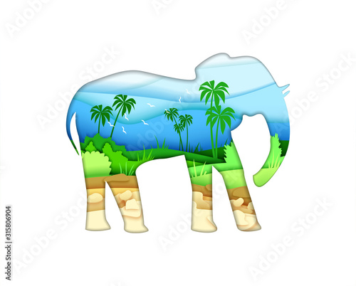 Elephant animal silhouette isolated on white background. Vector illustration design in paper cut style. African elephant and savannah double exposure