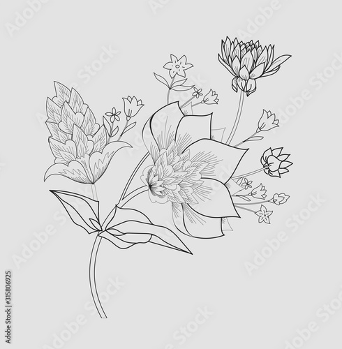 Floral original pattern in vintage style, individual elements. Black and white, monochrome