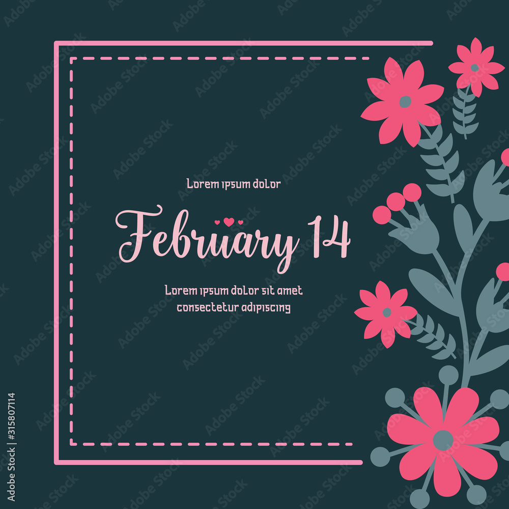 Obraz premium Simple shape Pattern of leaf and pink floral frame, for beautiful 14 February invitation card design. Vector