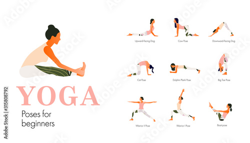 A set of yoga postures female figures for beginners. Woman figures exercise in printed sportswear. Vector Illustration, flat style.