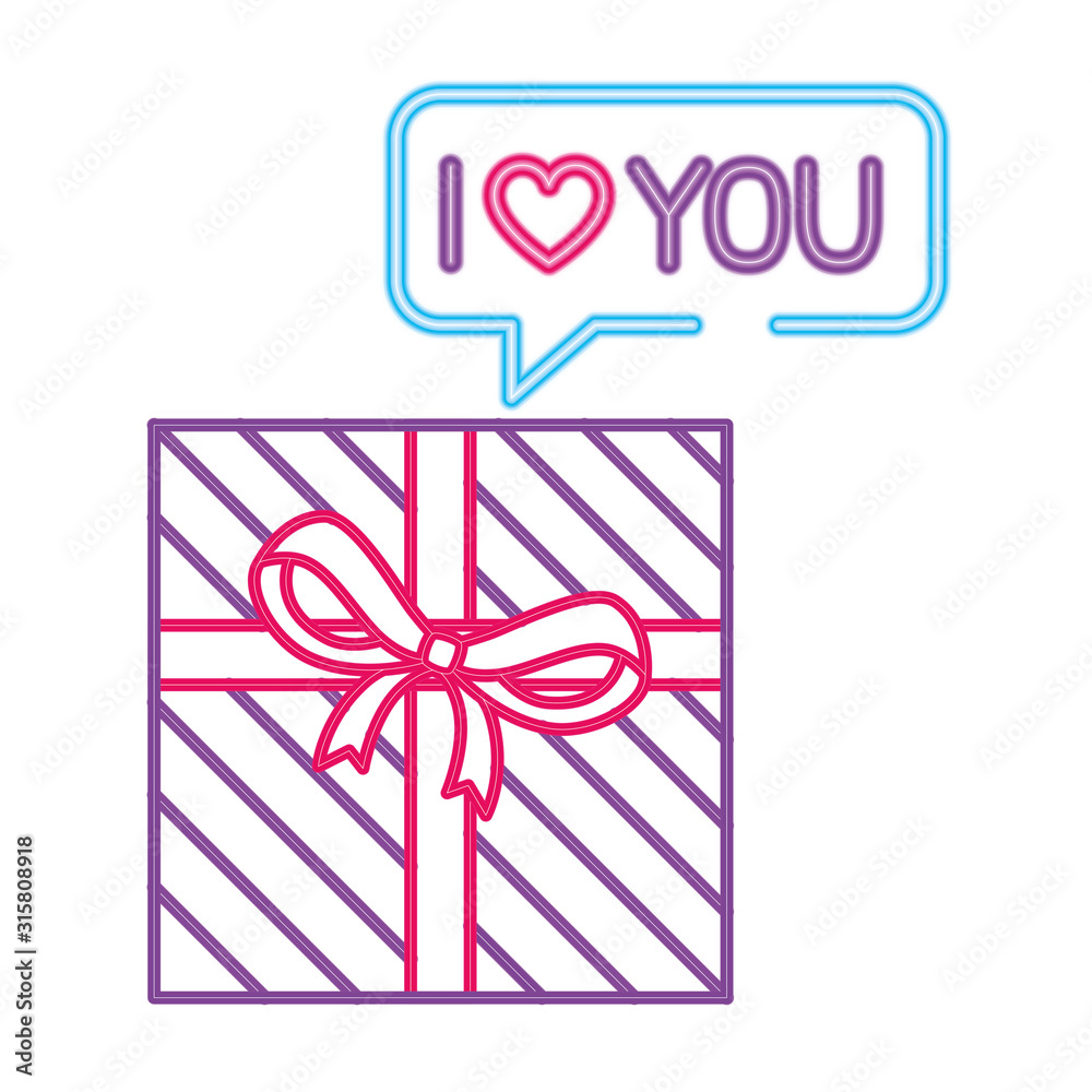 gift box with ribbon in neon light on white background gift box with ribbon in neon light on white background