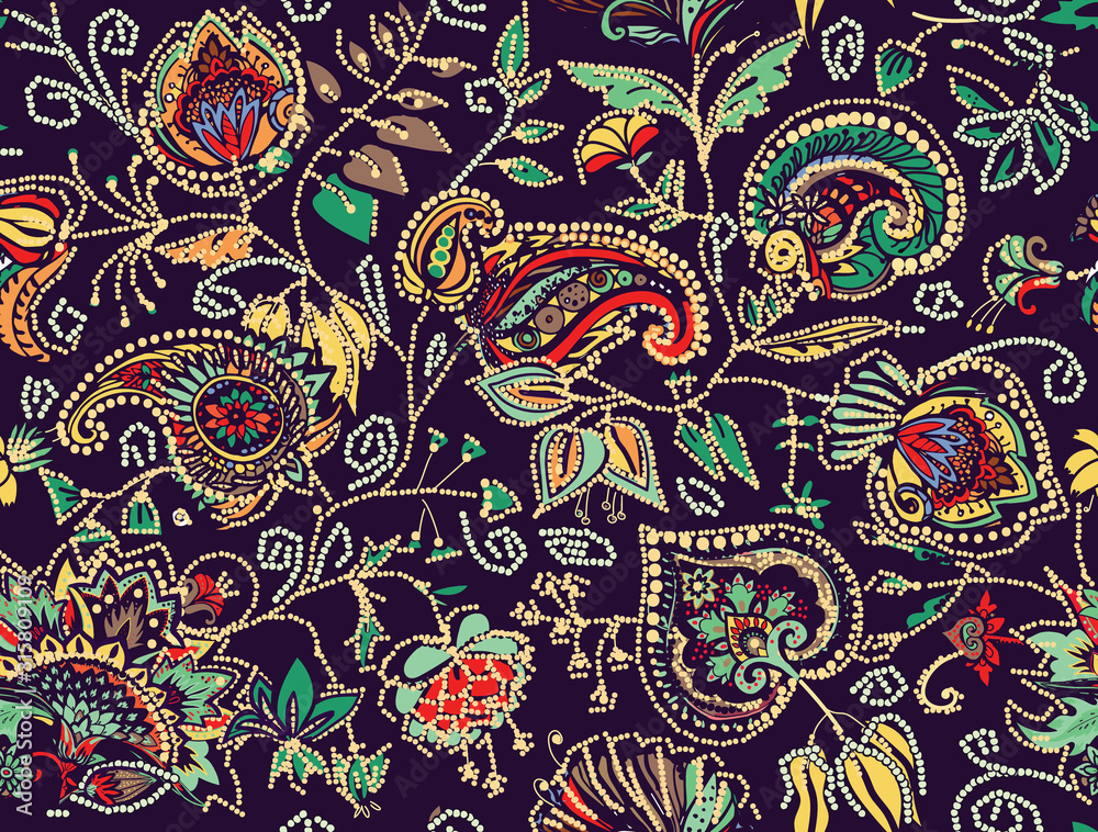 Fototapeta Dekoracyjny bezszwowy kwiatowy wzór na tkaniny, gobelin, tapetę i tła w stylu tradycyjnego orientalnego wzoru paisley.
