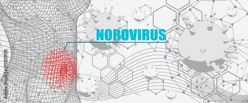 Norovirus text. Wire frame silhouette of woman suffering from disease. Connected lines with dots.