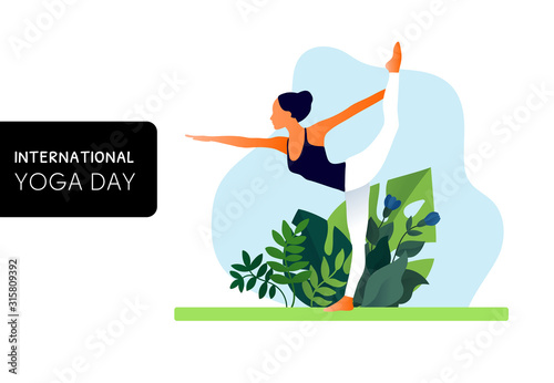 Woman practicing yoga exercise, yoga pose. Modern flat design concept of web page design or mobile website. International Yoga Day. Vector illustration