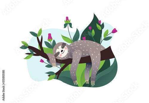 Cute lazy sloth sleeping on a branch of the tropical tree. Cartoon style, vector illustration. Slow down quote lettering.