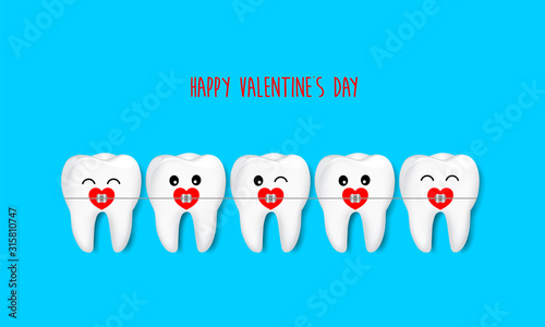 tooth character with dental braces. Cute happy teeth with metal braces. Happy valentine's day  concept. Illustration on blue background.