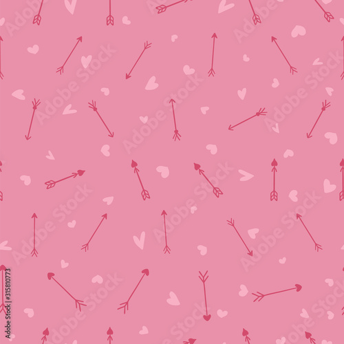 Vector Pink hand drawn small hearts and arrows Seamless Pattern for Valentines Day