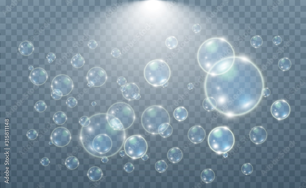 White beautiful bubbles on a transparent background vector illustration. Soap bubbles.