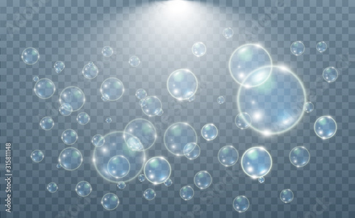 White beautiful bubbles on a transparent background vector illustration. Soap bubbles.