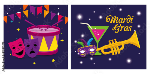 Mardi gras masks trumpet cocktail and drum vector design