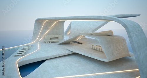 Abstract architectural concrete interior of a modern villa. 3D illustration and rendering.
