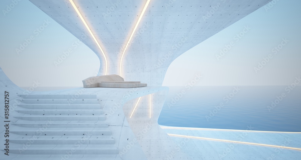 Abstract architectural concrete, wood and glass interior of a modern villa on the sea with swimming pool and neon lighting. 3D illustration and rendering.