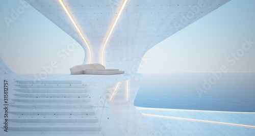 Obraz na płótnie Abstract architectural concrete, wood and glass interior of a modern villa on the sea with swimming pool and neon lighting. 3D illustration and rendering. w salonie