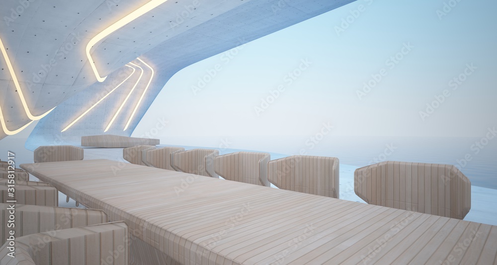 Fototapeta premium Abstract architectural concrete, wood and glass interior of a modern villa on the sea with swimming pool and neon lighting. 3D illustration and rendering.