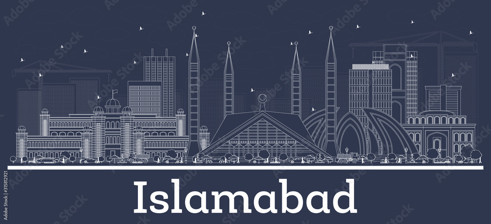Outline Islamabad Pakistan City Skyline with White Buildings.