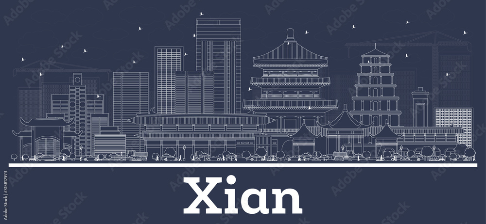 Outline Xian China City Skyline with White Buildings.