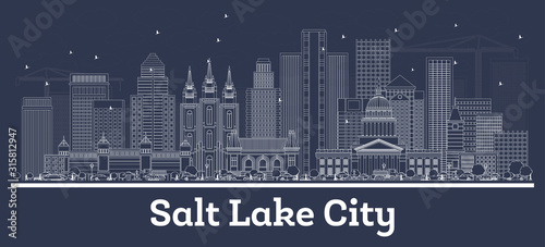 Outline Salt Lake City Utah City Skyline with White Buildings.