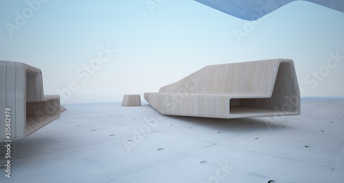 Abstract architectural concrete  wood and glass interior of a modern villa on the sea with swimming pool and neon lighting. 3D illustration and rendering.