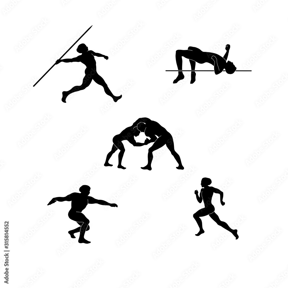 Vector illustrations on the theme of the Tokyo Summer Olympics in 2020. On a white background black figures of pentathletes. Running, jumping, wrestling, discus and spear. For posters, posters, etc. Vector illustrations on the theme of the Tokyo Summer Olympics in 2020. On a white background black figures of pentathletes. Running, jumping, wrestling, discus and spear. For posters, posters, etc.