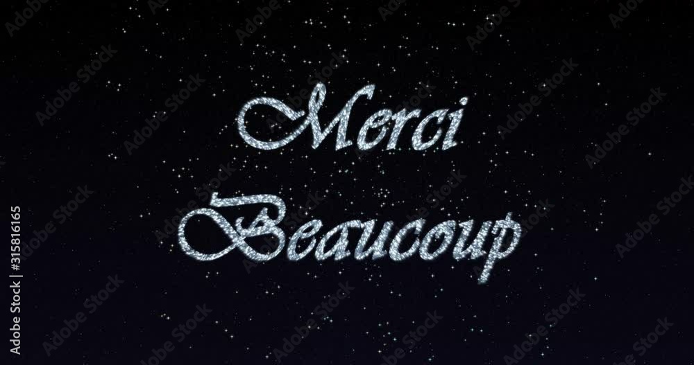 Thank You, Merci Beaucoup, greeting card text reveal from firework & crackers on glitter shiny magic particles & sparks night sky for celebration, wishes, events, message, holiday, festival. Thank You, Merci Beaucoup, greeting card text reveal from firework & crackers on glitter shiny magic particles & sparks night sky for celebration, wishes, events, message, holiday, festival.