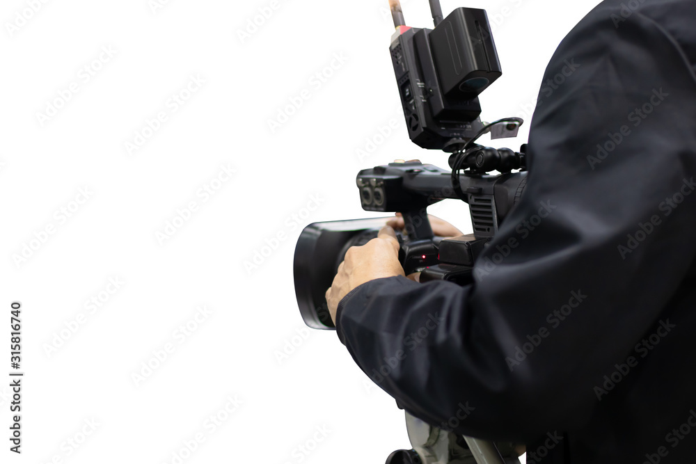 Photographer taking  video streaming  on white background. Soft focut.