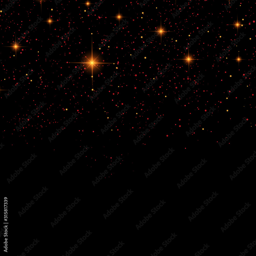 The dust sparks and golden stars shine with special light. Vector sparkles on a transparent background. Christmas light effect. Sparkling magical dust particles.