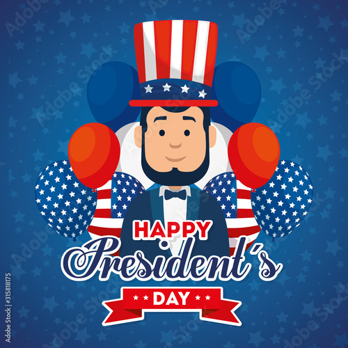 Man avatar cartoon and balloons design, Usa happy presidents day united states america independence nation us country and national theme Vector illustration