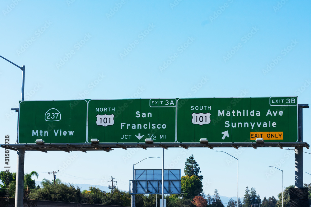 Interstate 237 and 101 highway road sign showing drivers the directions, exit number and exit only lane to Mtn View, San Francisco and Sunnyvale in Silicon Valley