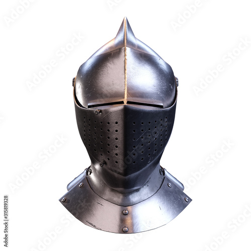 Classic Medieval Knight Armet Helmet with visor. Front view. Used for tournaments or battlefields. 3D render Illustration Isolated on white background.