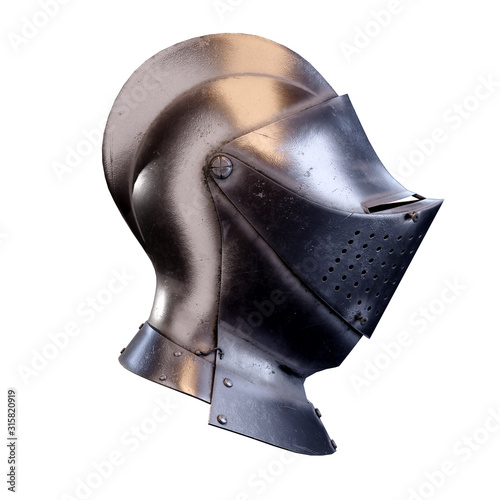 Classic Medieval Knight Armet Helmet with visor. Side view. Used for tournaments or battlefields. 3D render Illustration Isolated on white background.
