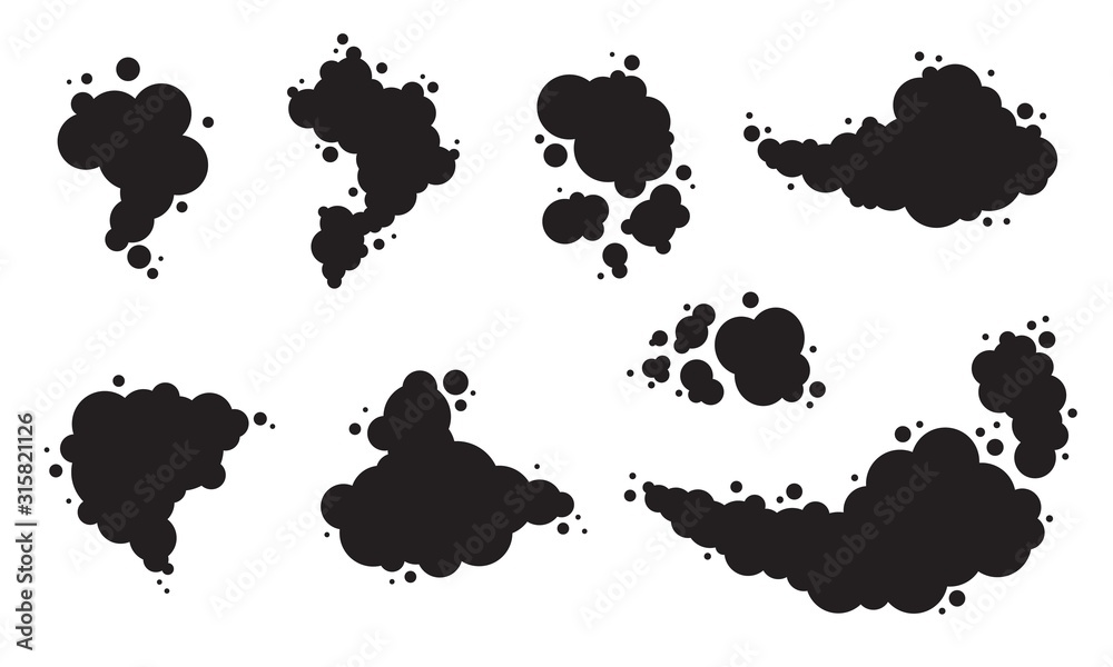Black silhouette smoke cloud set. Smoking, smog, dust clouds. Black silhouette smoke cloud set. Smoking, smog, dust clouds.