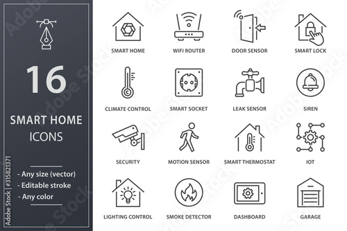 Smart home line icons set. Black vector illustration. Editable stroke.
