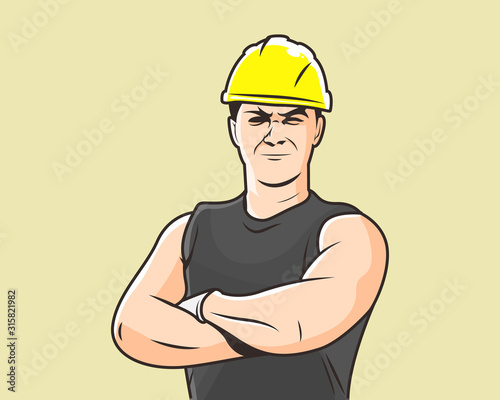 Muscular industrial worker in a yellow helmet and dark grey shirt - vector illustration.