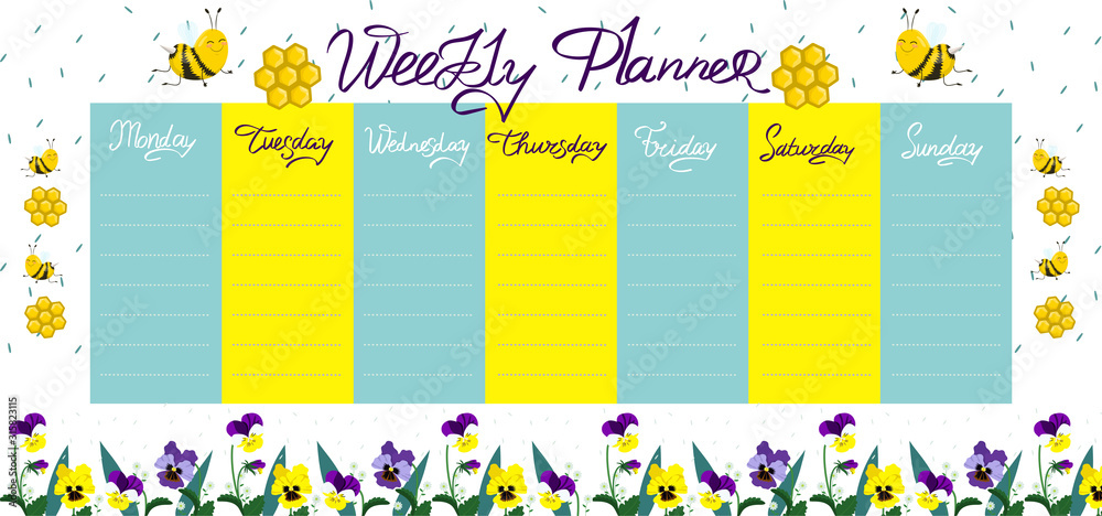 Naklejka premium Weekly planner with bees and flowers. Vector graphics.