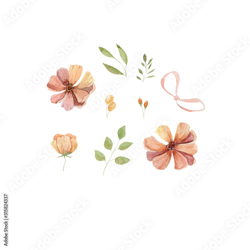 Watercolor set peach flower green leaves orange berries pink bow illustartion isolated on white backgraund