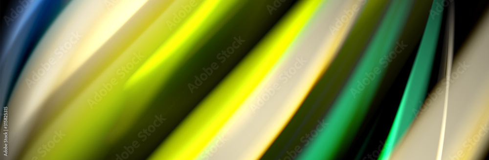 Silk and smooth flow wave poster design. Color waves, liquid style lines and shapes in black color background Silk and smooth flow wave poster design. Color waves, liquid style lines and shapes in black color background