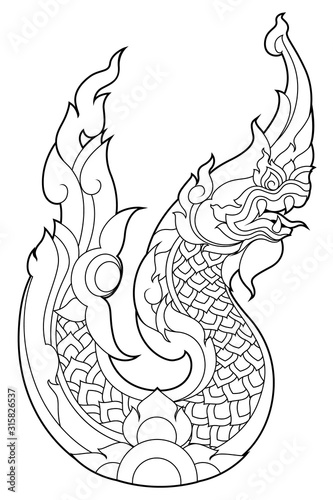 Hand drawn line art Serpent or Naga in buddha religion legend vintage style on white background