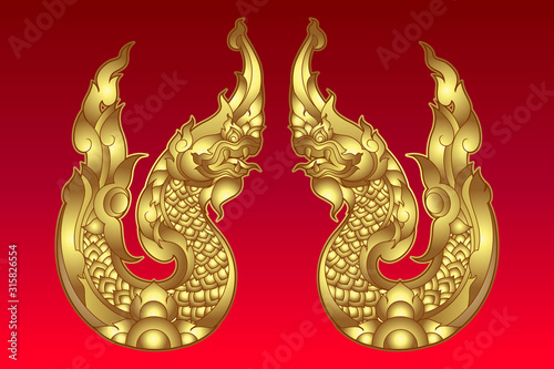 Golden twin Serpent or Naga in buddha religion legend vintage style on red background