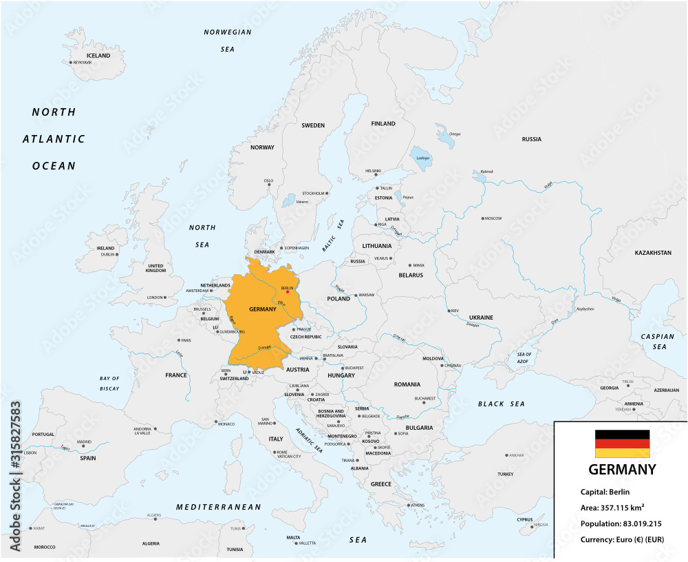 Location of Germany on the European continent with small information box and flag