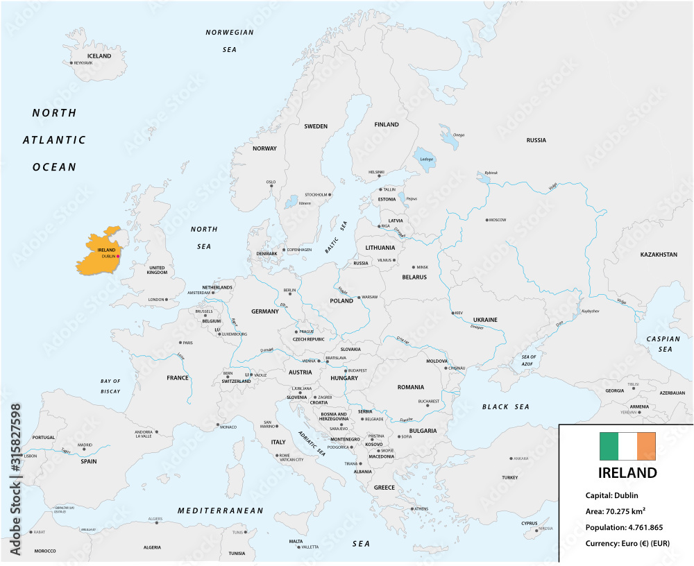 Location of Ireland on the European continent with small information box and flag