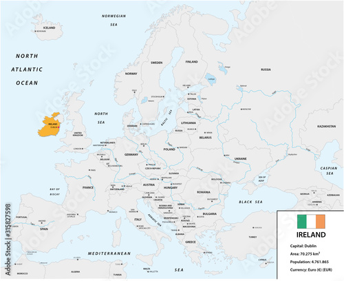 Location of Ireland on the European continent with small information box and flag