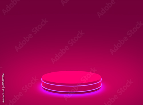 3d shocking pink neon light cylinder podium minimal studio dark background. Abstract 3d geometric shape object illustration render. Display for nightclub party and technology product.