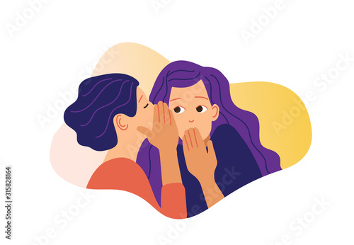 Two girls gossiping vector illustration. One excited girl whispers secret to girlfriend.